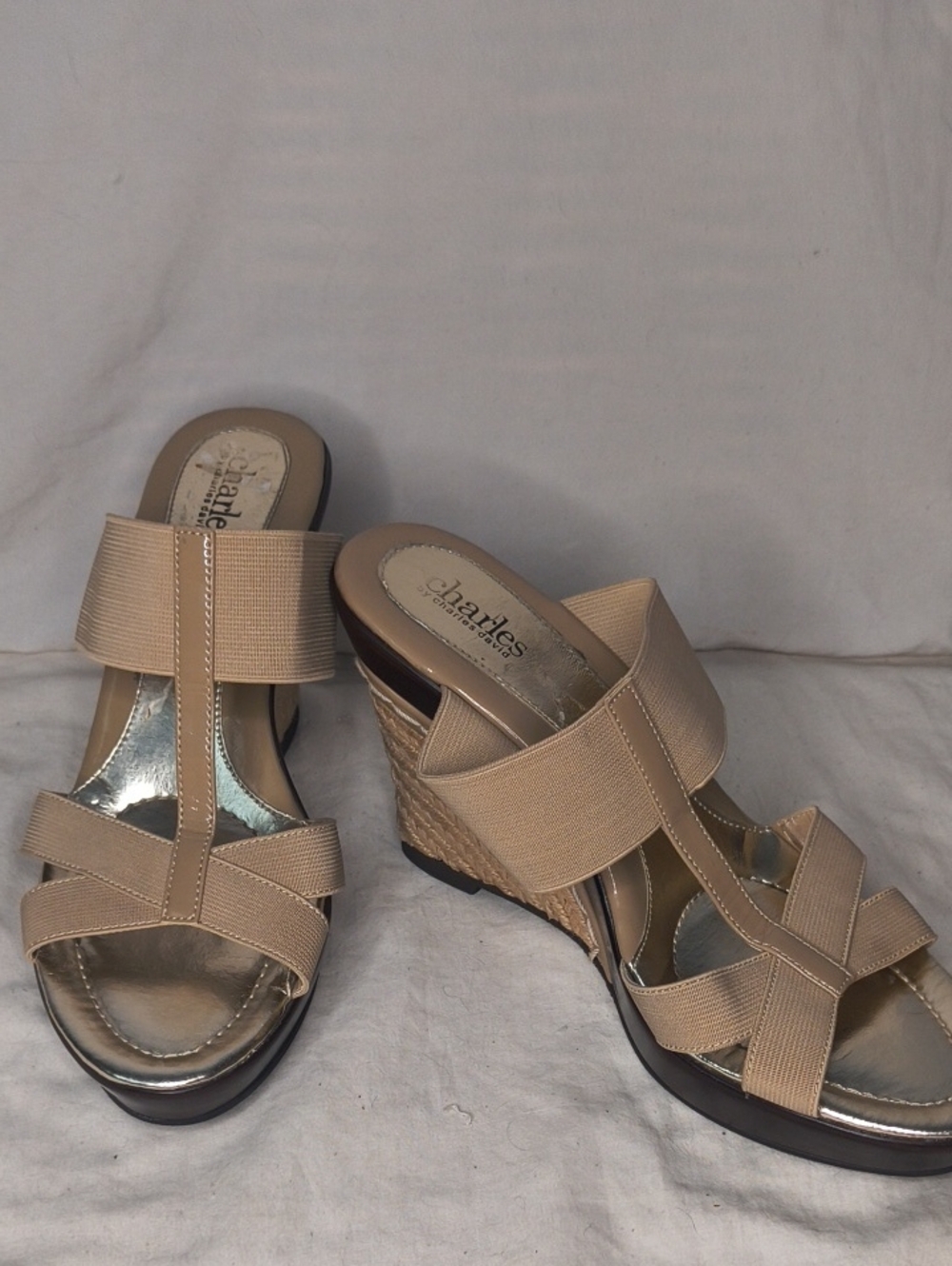 Charles By Charles David Nude Elastic Strap Wedge Sandals Size 7 AE